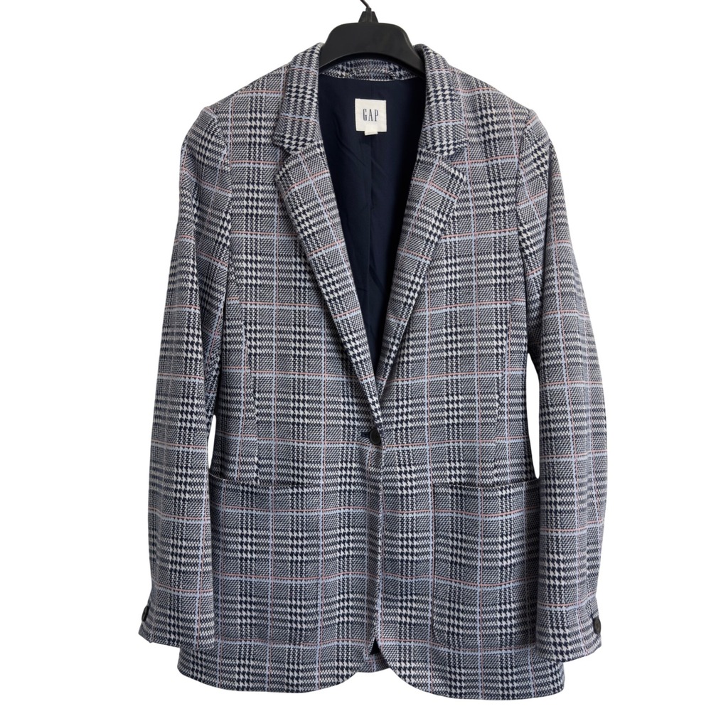 Gap Womens Glen Plaid Blazer Single Button Longline Knit Jacket Blue Size 4/S